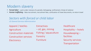 Modern slavery
• Forced labor – work under menace of a penalty: kidnapping, confinement, threat of violence
• Human traffi...