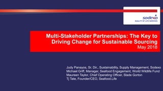 Multi-Stakeholder Partnerships: The Key to
Driving Change for Sustainable Sourcing
May 2018
Judy Panayos, Sr. Dir., Sustainability, Supply Management, Sodexo
Michael Griff, Manager, Seafood Engagement, World Wildlife Fund
Maureen Taylor, Chief Operating Officer, Slade Gorton
Tj Tate, Founder/CEO, Seafood.Life
 