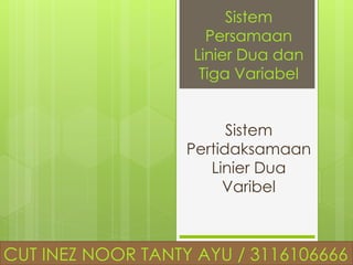 Sistem
Persamaan
Linier Dua dan
Tiga Variabel

Sistem
Pertidaksamaan
Linier Dua
Varibel

CUT INEZ NOOR TANTY AYU / 3116106666

 