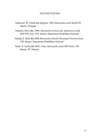 DAFTAR PUSTAKA

Adinawan, M. Cholik dan Sugijono. 2007.Matematika untuk KelasVIII.
Jakarta: Erlangga
Nuharini, Dewi dkk. 2008. Matematika Konsep dan Aplikasinya untuk
SMP/MTs kelas VIII. Jakarta: Departemen Pendidikan Nasional.
Rahaju, E. Budi dkk.2008.Matematika Sekolah Menengah Pertama Kelas
VIII. Jakarta: Departemen Pendidikan Nasional
Saleh, N. Taufiq dkk.2005. Fokus Matematika untuk SMP Kelas VIII.
Jakarta: PT. Pabelan

16

 