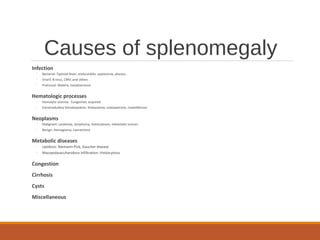 Causes of splenomegaly
Infection
◦ Bacterial: Typhoid fever, endocarditis, septicemia, abscess
◦ Viral:E-B virus, CMV, and others
◦ Protozoal: Malaria, toxoplasmosis
Hematologic processes
◦ Hemolytic anemia: Congenital, acquired
◦ Extramedullary hematopoiesis: thalassemia, osteopetrosis, myelofibrosis
Neoplasms
◦ Malignant: Leukemia, lymphoma, histiocytoses, metastatic tumors
◦ Benign: Hemagioma, hamartoma
Metabolic diseases
◦ Lipidosis: Niemann-Pick, Gaucher disease
◦ Mucopolysaccharidosis infiltration: Histiocytosis
Congestion
Cirrhosis
Cysts
Miscellaneous
 