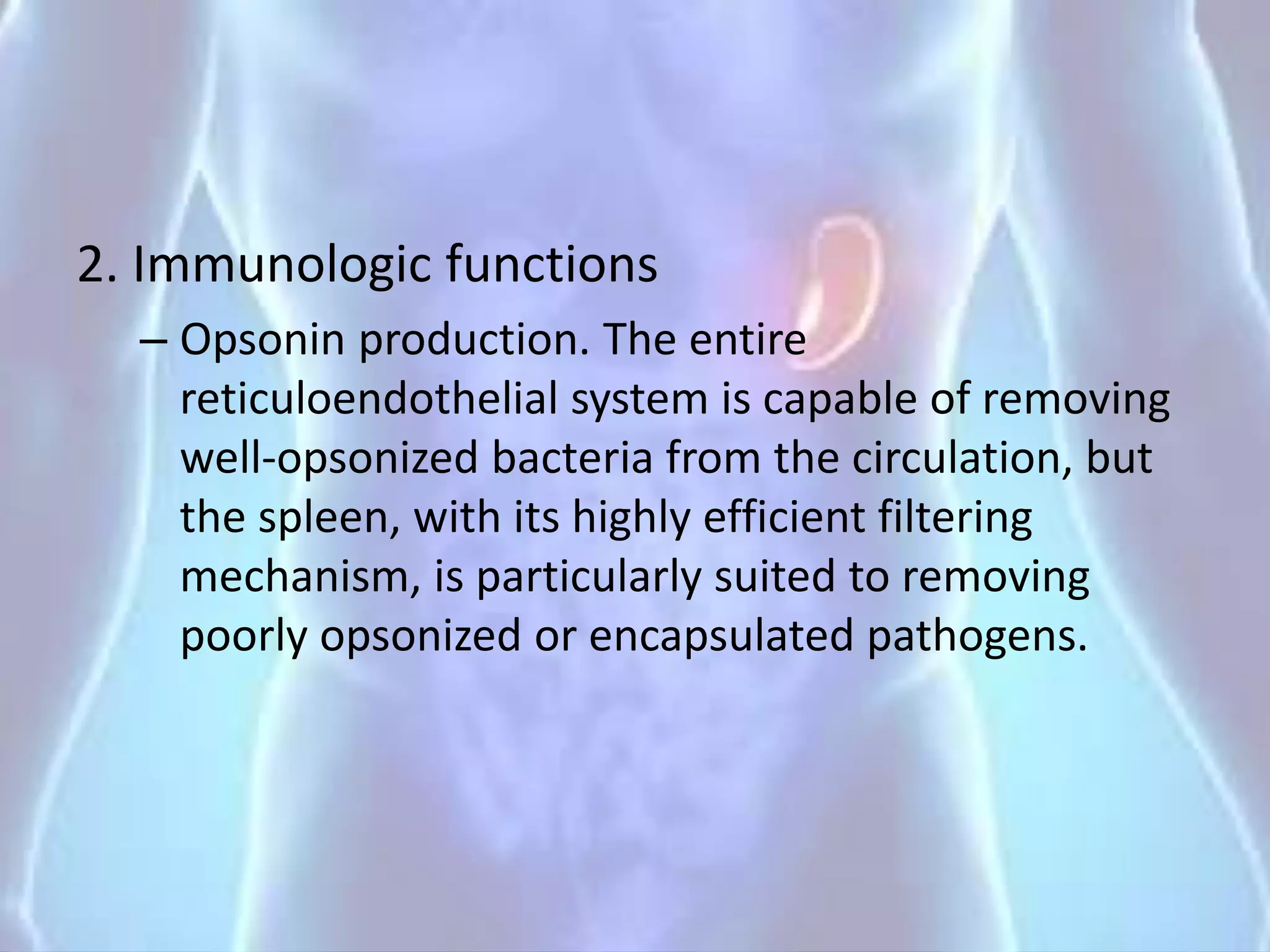 2. Immunologic functions
– Opsonin production. The entire
reticuloendothelial system is capable of removing
well-opsonized bacteria from the circulation, but
the spleen, with its highly efficient filtering
mechanism, is particularly suited to removing
poorly opsonized or encapsulated pathogens.
 