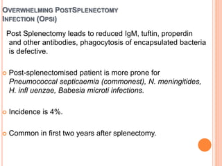 OVERWHELMING POSTSPLENECTOMY
INFECTION (OPSI)
Post Splenectomy leads to reduced IgM, tuftin, properdin
and other antibodies, phagocytosis of encapsulated bacteria
is defective.
 Post-splenectomised patient is more prone for
Pneumococcal septicaemia (commonest), N. meningitides,
H. infl uenzae, Babesia microti infections.
 Incidence is 4%.
 Common in first two years after splenectomy.
 