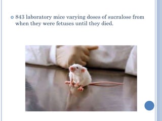 

843 laboratory mice varying doses of sucralose from
when they were fetuses until they died.

 