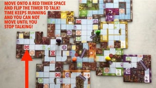 MOVE ONTO A RED TIMER SPACE
AND FLIP THE TIMER TO TALK!
TIME KEEPS RUNNING
AND YOU CAN NOT
MOVE UNTIL YOU
STOP TALKING!
 