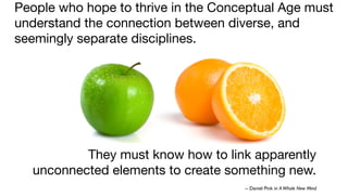 They must know how to link apparently
unconnected elements to create something new.
People who hope to thrive in the Conceptual Age must
understand the connection between diverse, and
seemingly separate disciplines.
-- Daniel Pink in AWhole New Mind
 