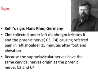 Signs:
• Kehr’s sign: Hans Kher, Germany
• Clot collected under left diaphragm irritates it
and the phrenic nerve( C3, C4) causing referred
pain in left shoulder 15 minutes after foot end
elevation
• Because the supraclavicular nerves have the
same cervical nerves origin as the phrenic
nerve, C3 and C4
 