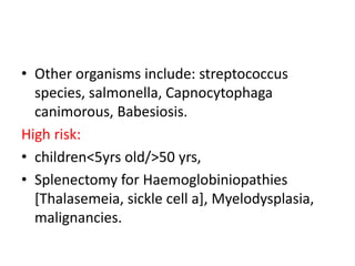 • Other organisms include: streptococcus
species, salmonella, Capnocytophaga
canimorous, Babesiosis.
High risk:
• children<5yrs old/>50 yrs,
• Splenectomy for Haemoglobiniopathies
[Thalasemeia, sickle cell a], Myelodysplasia,
malignancies.
 
