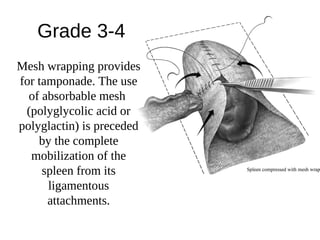 Grade 3-4
Mesh wrapping provides
for tamponade. The use
of absorbable mesh
(polyglycolic acid or
polyglactin) is preceded
by the complete
mobilization of the
spleen from its
ligamentous
attachments.
 