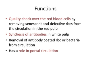 Functions
• Quality check over the red blood cells by
removing senescent and defective rbcs from
the circulation in the red pulp
• Synthesis of antibodies in white pulp
• Removal of antibody coated rbc or bacteria
from circulation
• Has a role in portal circulation
 