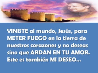 VINISTE al mundo, Jesús, para METER FUEGO en la tierra de nuestros corazones y no deseas sino que ARDAN EN TU AMOR. Este es también MI DESEO…