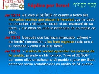 Súplica por Israel
Jer 12:14 Así dice el SEÑOR en cuanto a todos Mis
malvados vecinos que atacan la heredad que he dado
en posesión a Mi pueblo Israel: «Los arrancaré de su
tierra, y a la casa de Judá la arrancaré de en medio de
ellos.
Jer 12:15 Después que los haya arrancado, volveré y
les tendré compasión, y los haré regresar cada uno a
su heredad y cada cual a su tierra.
Jer 12:16 Y si ellos de verdad aprenden los caminos de
Mi pueblo, jurando en Mi nombre: “Vive el SEÑOR”,
así como ellos enseñaron a Mi pueblo a jurar por Baal,
entonces serán restablecidos en medio de Mi pueblo.
 