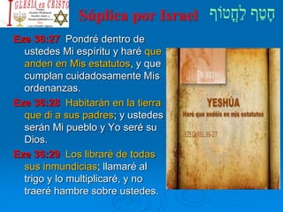 Súplica por Israel
Eze 36:27 Pondré dentro de
ustedes Mi espíritu y haré que
anden en Mis estatutos, y que
cumplan cuidadosamente Mis
ordenanzas.
Eze 36:28 Habitarán en la tierra
que di a sus padres; y ustedes
serán Mi pueblo y Yo seré su
Dios.
Eze 36:29 Los libraré de todas
sus inmundicias; llamaré al
trigo y lo multiplicaré, y no
traeré hambre sobre ustedes.
 