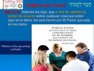 Súplica por Israel
Mat 18:19 Además les digo, que si dos de ustedes se
ponen de acuerdo sobre cualquier cosa que pidan
aquí en la tierra, les será hecho por Mi Padre que está
en los cielos.
Pidamos a Dios que proteja
su Pueblo
 