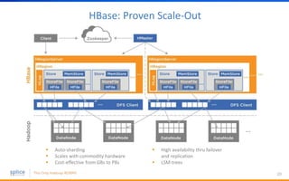 20
HBase: Proven Scale-Out
 Auto-sharding
 Scales with commodity hardware
 Cost-effective from GBs to PBs
 High availability thru failover
and replication
 LSM-trees
 