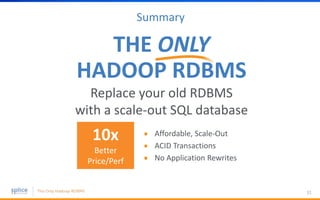 31
Summary
THE ONLY
HADOOP RDBMS
Replace your old RDBMS
with a scale-out SQL database
Affordable, Scale-Out
ACID Transactions
No Application Rewrites
10x
Better
Price/Perf
 