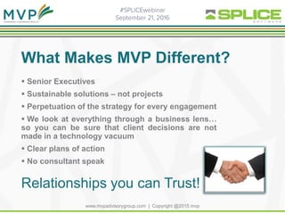  Senior Executives
 Sustainable solutions – not projects
 Perpetuation of the strategy for every engagement
 We look at everything through a business lens…
so you can be sure that client decisions are not
made in a technology vacuum
 Clear plans of action
 No consultant speak
Relationships you can Trust!
What Makes MVP Different?
www.mvpadvisorygroup.com | Copyright @2015 mvp
 