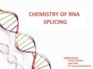 CHEMISTRY OF RNA
SPLICING
SUBMITTED BY:
EVELIN GEORGE,
19BCU006,
2ND B.Sc.BIOCHEMISTRY.
 