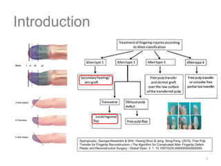 2
Introduction
Spyropoulou, Georgia-Alexandra & Shih, Hsiang-Shun & Jeng, Seng-Feng. (2015). Free Pulp
Transfer for Fingertip Reconstruction—The Algorithm for Complicated Allen Fingertip Defect.
Plastic and Reconstructive Surgery - Global Open. 3. 1. 10.1097/GOX.0000000000000569.
 