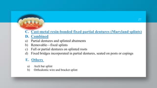 27
C. Cast-metal resin-bonded fixed partial dentures (Maryland splints)
D. Combined
a) Partial dentures and splinted abutments
b) Removable—fixed splints
c) Full or partial dentures on splinted roots
d) Fixed bridges incorporated in partial dentures, seated on posts or copings
E. Others
a) Arch bar splint
b) Orthodontic wire and bracket splint
 