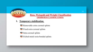 28
Ross, Weisgold and Wright Classification
(MODIFIED CLASSIFICATION)
Removable extra coronal splints
Fixed extra coronal splints
Intra-coronal splints
Etched metal resin-bonded splints
1. Temporary stabilization
 