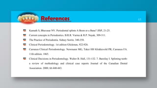 63
Kamath S, Bhavasar NV. Periodontal splints A Boon or a Bane? JISP, 21-25.
Current concepts in Periodontics. B.R.R. Varma & R.P. Nayak, 309-311.
The Practice of Periodontia. Sidney Sorrin. 340-358.
Clinical Periodontology. 1st edition Glickman, 922-926.
Carranza Clinical Periodontology. Newmann MG, Takei HH Klokkevold PR, Carranza FA.
11th edition. 1065.
Clinical Decisions in Periodontology. Walter B. Hall, 131-132. 7. Barzilay I. Splinting teeth-
a review of methodology and clinical case reports Journal of the Canadian Dental
Association. 2000; 66:440-443.
References
 