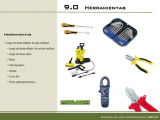 9.0   Herramientas!



Herramientas!

• Juego de destornillador de pala mediano.
    • Juego de destornillador de estrías mediano.
    • Juego de llaves aleen.
    • Nivel.
    • Hidrolavadora.
    • Alicate.
    • Corta frió.
    • Pinza voltiamperimetrica.




                                                               Sistema de aire acondicionado [SPLIT]!
 