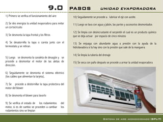 9.0                PASOS!                   UNIDAD EVAPORADORA!
1) Primero se verifica el funcionamiento del aire        10) Seguidamente se procede a   lubricar el eje con aceite.
                                                          
2) Se des energiza la unidad evaporadora para evitar     11) Luego se lava con agua y jabón, las partes y accesorios desmontados
un cortocircuito                                          
                                                         12) Se limpia con desincrustante el serpentín el cual es un producto químico
3) Se desmonta la tapa frontal y los filtros             que se deja actuar   por espacio de cinco minutos
                                                          
4) Se desatornilla la tapa o careta junto con el         13) Se enjuaga con abundante agua a presión con la ayuda de la
termostato y se retiran.                                 hidrolavadora si la hay sino con la presión que sale de la manguera
                                                          
                                                         14) Se limpia la tubería del drenaje
5) Luego   se desmonta la canaleta de desagüe y   se      
procede a desmontar el motor de las aletas de            15) Se seca con paño después se procede a armar la unidad evaporadora
dirección.
 
6) Seguidamente se desmonta el sistema eléctrico  
(los cables que alimentan la tarjeta),
 
7) Se   procede a destornillar la tapa protectora del
motor del blower
 
8) Se desmonta el blower para lavarlo
 
9) Se verifica el estado de   los rodamientos   del
motor, si es de cambio se proceden a cambiar   los
rodamientos sino se limpian

                                                                                    Sistema de aire acondicionado [SPLIT]!
 