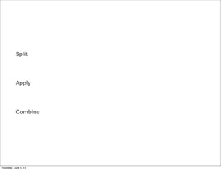 Split
Apply
Combine
Saturday, June 8, 13
 