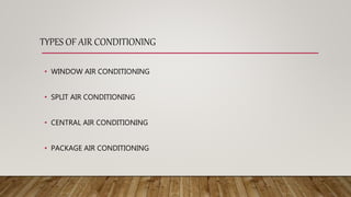 TYPES OF AIR CONDITIONING
• WINDOW AIR CONDITIONING
• SPLIT AIR CONDITIONING
• CENTRAL AIR CONDITIONING
• PACKAGE AIR CONDITIONING
 