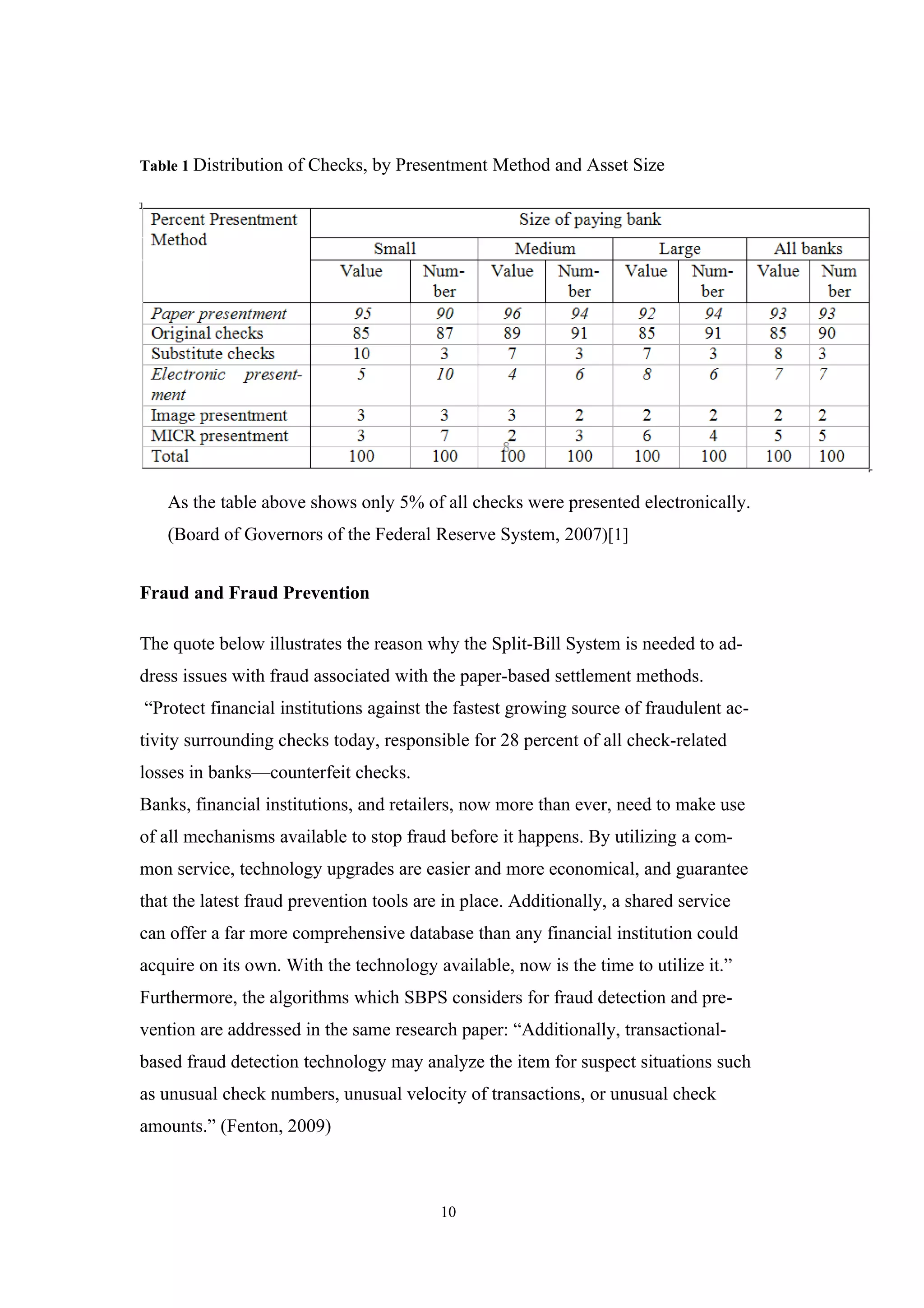 Table 1 Distribution   of Checks, by Presentment Method and Asset Size




   As the table above shows only 5% of all checks were presented electronically.
   (Board of Governors of the Federal Reserve System, 2007)[1]


Fraud and Fraud Prevention

The quote below illustrates the reason why the Split-Bill System is needed to ad-
dress issues with fraud associated with the paper-based settlement methods.
“Protect financial institutions against the fastest growing source of fraudulent ac-
tivity surrounding checks today, responsible for 28 percent of all check-related
losses in banks—counterfeit checks.
Banks, financial institutions, and retailers, now more than ever, need to make use
of all mechanisms available to stop fraud before it happens. By utilizing a com-
mon service, technology upgrades are easier and more economical, and guarantee
that the latest fraud prevention tools are in place. Additionally, a shared service
can offer a far more comprehensive database than any financial institution could
acquire on its own. With the technology available, now is the time to utilize it.”
Furthermore, the algorithms which SBPS considers for fraud detection and pre-
vention are addressed in the same research paper: “Additionally, transactional-
based fraud detection technology may analyze the item for suspect situations such
as unusual check numbers, unusual velocity of transactions, or unusual check
amounts.” (Fenton, 2009)



                                          10
 