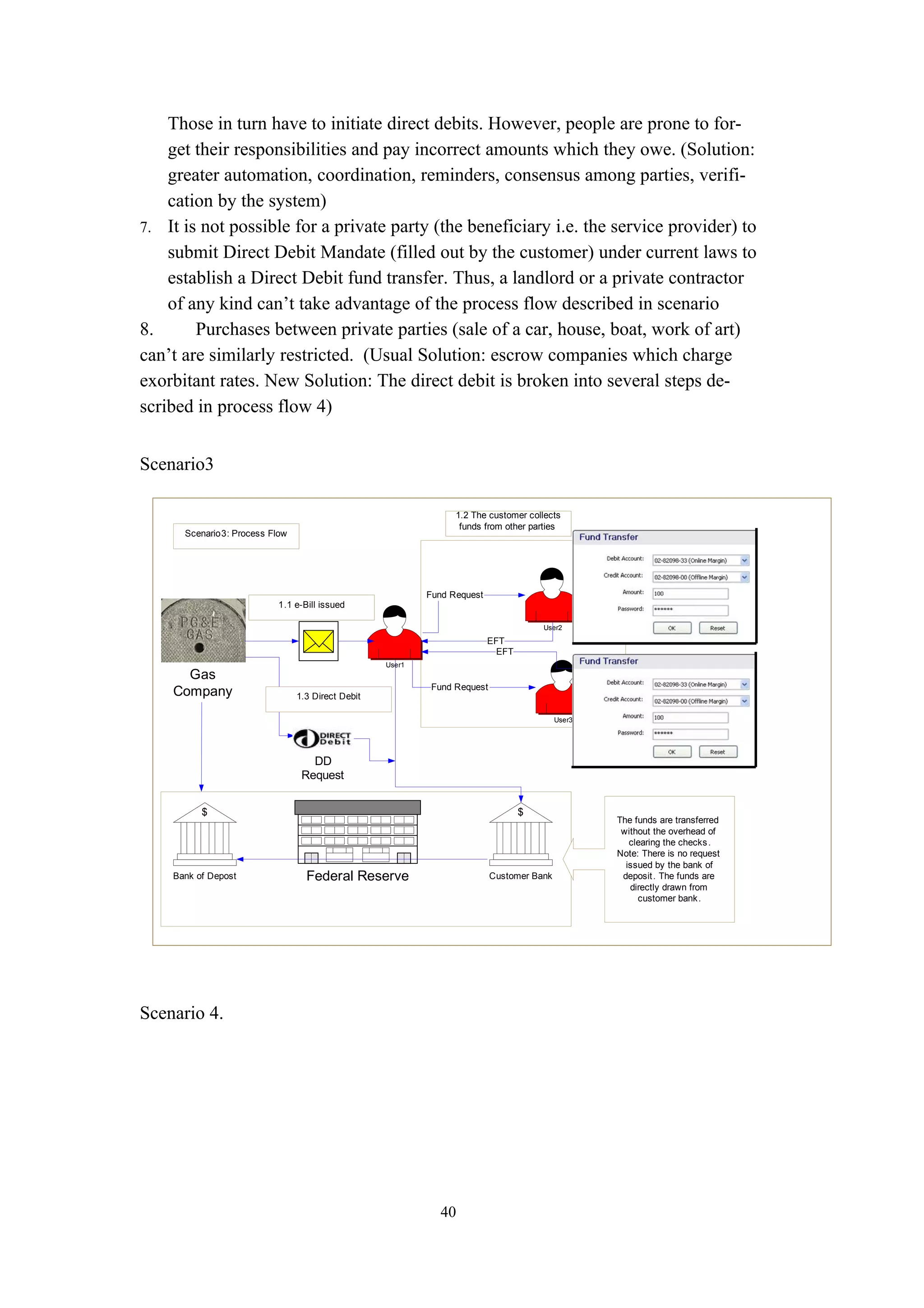 Those in turn have to initiate direct debits. However, people are prone to for-
    get their responsibilities and pay incorrect amounts which they owe. (Solution:
    greater automation, coordination, reminders, consensus among parties, verifi-
    cation by the system)
7. It is not possible for a private party (the beneficiary i.e. the service provider) to
    submit Direct Debit Mandate (filled out by the customer) under current laws to
    establish a Direct Debit fund transfer. Thus, a landlord or a private contractor
    of any kind can’t take advantage of the process flow described in scenario
8.      Purchases between private parties (sale of a car, house, boat, work of art)
can’t are similarly restricted. (Usual Solution: escrow companies which charge
exorbitant rates. New Solution: The direct debit is broken into several steps de-
scribed in process flow 4)


Scenario3

                                                                    1.2 The customer collects
                                                                     funds from other parties
      Scenario3: Process Flow




                                                              Fund Request
                           1.1 e-Bill issued

                                                                                         User2

                                                                             EFT
                                                                              EFT
                                                      User1
      Gas
                                                               Fund Request
    Company                     1.3 Direct Debit

                                                                                              User3




                                   DD
                                 Request


          $                                                                         $
                                                                                                      The funds are transferred
                                                                                                       without the overhead of
                                                                                                         clearing the checks .
                                                                                                      Note: There is no request
                                               text
                                                                                                        issued by the bank of
    Bank of Depost                Federal Reserve                             Customer Bank            deposit . The funds are
                                                                                                         directly drawn from
                                                                                                           customer bank .




Scenario 4.




                                                                40
 