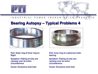 Bearing Autopsy – Typical Problems 4
 Installation




Part: Outer ring of Inner ring on   Part: Inner ring of a spherical roller
Right                               bearing
Symptom: Flaking of only one        Symptom: Flaking of only one
raceway over its entire             raceway over its entire
circumference                       circumference
Cause: Excessive axial load         Cause: Excessive axial load
 