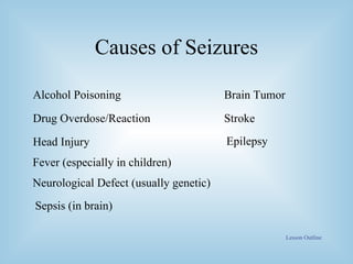 Causes of Seizures Alcohol Poisoning Drug Overdose/Reaction Head Injury Fever (especially in children) Neurological Defect (usually genetic) Sepsis (in brain) Brain Tumor Stroke Epilepsy Lesson Outline 