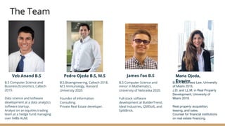 The Team
Pedro Ojeda B.S, M.S
B.S Computer Science and
minor in Mathematics,
University of Nebraska 2020.
Full-stack software
development at BuilderTrend,
Ideal Industries, QSRSoft, and
SplitBrick.
B.S Bioengineering, Caltech 2018.
M.S Immunology, Harvard
University 2020.
Founder of Information
Consulting.
Private Real Estate developer.
James Fox B.S
Veb Anand B.S
B.S Computer Science and
Business Economics, Caltech
2019.
Data science and software
development at a data analytics
software startup.
Analyst on an equities trading
team at a hedge fund managing
over $48b AUM.
B.B.A. Business Law, University
of Miami 2015.
J.D. and LL.M. in Real Property
Development, University of
Miami 2019.
Real property acquisition,
leasing, and sales.
Counsel for financial institutions
on real estate financing.
Maria Ojeda,
Esquire
 