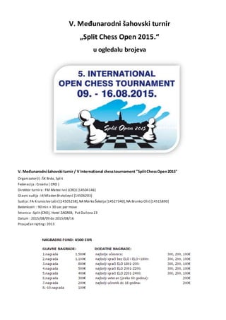 V. Međunarodni šahovski turnir
„Split Chess Open 2015.“
u ogledalu brojeva
V. Međunarodni šahovski turnir / V International chesstournament "SplitChessOpen2015"
Organizator(i) :ŠK Brda, Split
Federacija :Croatia ( CRO )
Direktor turnira : FM Mateo Ivić (CRO) [14504146]
Glavni sudija :IA Mladen Bratošević [14506203]
Sudija :FA Krunoslav Lešić [14505258],NA Marko Šekelja [14527340],NA Branko Olić [14515890]
Bedenkzeit : 90 min + 30 sec per move
Stranica :Split(CRO), Hotel ZAGREB, Put Duilova 23
Datum : 2015/08/09 do 2015/08/16
Prosječan rejting: 2013
 