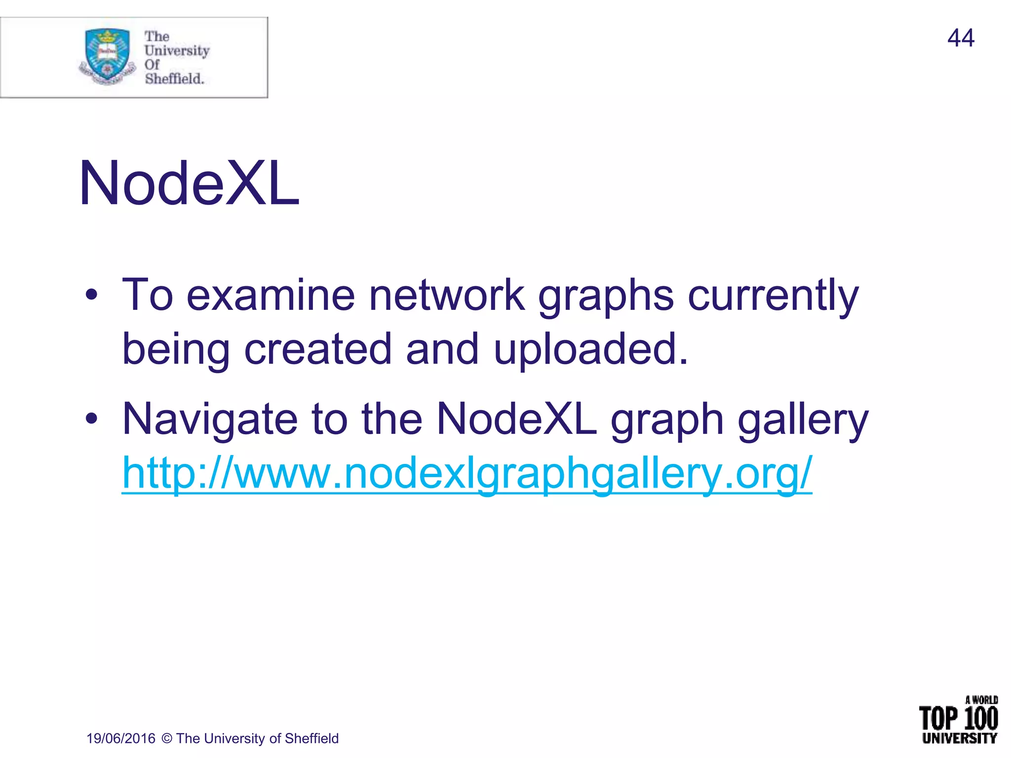 NodeXL
19/06/2016 © The University of Sheffield
44
• To examine network graphs currently
being created and uploaded.
• Navigate to the NodeXL graph gallery
http://www.nodexlgraphgallery.org/
 