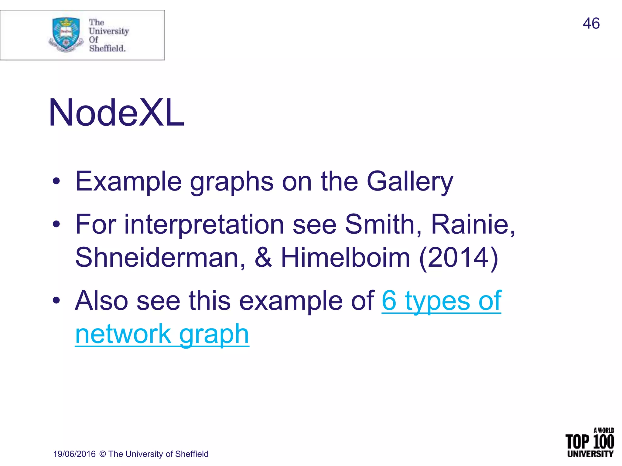 NodeXL
19/06/2016 © The University of Sheffield
46
• Example graphs on the Gallery
• For interpretation see Smith, Rainie,
Shneiderman, & Himelboim (2014)
• Also see this example of 6 types of
network graph
 