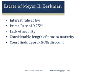 www.InKnowVision.com All Content Copyright © 2014
Estate of Meyer B. Berkman
• Interest rate at 6%
• Prime Rate of 9.75%
• Lack of security
• Considerable length of time to maturity
• Court finds approx 50% discount
 