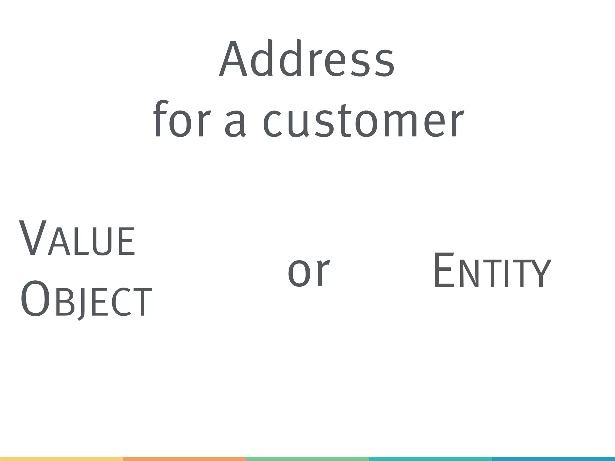 Address
for a customer
VALUE
OBJECT
ENTITYor
 