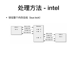 处理⽅法 - intel
• 锁住整个内存总线（bus lock）
 
