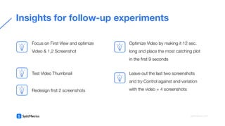 Focus on First View and optimize
Video & 1,2 Screenshot
Insights for follow-up experiments
Test Video Thumbnail
Optimize Video by making it 12 sec.
long and place the most catching plot
in the ﬁrst 9 seconds
Redesign ﬁrst 2 screenshots
Leave out the last two screenshots
and try Control against and variation
with the video + 4 screenshots
splitmetrics.com
 