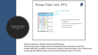 Plug-in Units
Power filter unit
pfu
The PFUs operate at -48V DC and provide DC filtering.
The PFUs have under voltage and over voltage protection and polarity protection.
In MINI-LINK 6691 and 6693 it is possible to configure redundant power. This is achieved by
connecting two different power sources to the two power inputs on the PFU.
 