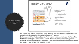 Plug-in Units
modem unit
MMU
The modem unit MMU is the interface to the radio unit and sets the radio carrier’s traffic type,
bandwidth, and modulation. By this it sets the carrier’s capacity.
Each modem unit handles two radio units. There are two coaxial connectors at the front of the
MMU for connecting the radio units and provide the radios with power and management.
MMU 1002 supports hybrid traffic. This means a user-configured combination of native Ethernet
and native E1 or DS1 traffic over the same carrier.
 
