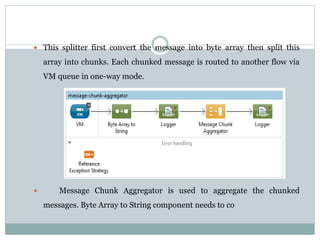  This splitter first convert the message into byte array then split this
array into chunks. Each chunked message is routed to another flow via
VM queue in one-way mode.
 Message Chunk Aggregator is used to aggregate the chunked
messages. Byte Array to String component needs to co
 