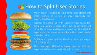 How to Split User Stories
Many teams struggle to split large user stories into
small stories in a useful way, especially less
experienced teams.
Instead of ending up with small vertical slices that
bring real business value, they get stories that look
more like tasks or architectural components and fail to
experience the value or feedback that small stories
should provide.
Or they end up not splitting the story, often working on
it for 2-3 sprints.
The Hamburger Method is a great way for such less
experienced teams to vertically split stories.
 