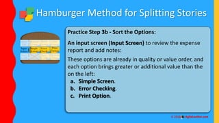 Hamburger Method for Splitting Stories
Practice Step 3b - Sort the Options:
An input screen (Input Screen) to review the expense
report and add notes:
These options are already in quality or value order, and
each option brings greater or additional value than the
on the left:
a. Simple Screen.
b. Error Checking.
c. Print Option.
 