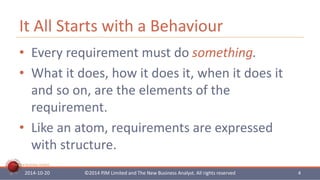 It All Starts with a Behaviour 
• Every requirement must do something. 
• What it does, how it does it, when it does it 
and so on, are the elements of the 
requirement. 
• Like an atom, requirements are expressed 
with structure. 
The New Business Analyst 
2014-10-20 ©2014 PJM Limited and The New Business Analyst. All rights reserved 4 
 
