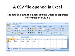 A CSV file opened in Excel
The data one, two, three, four and five would be separated
                by commas in a CSV file
 