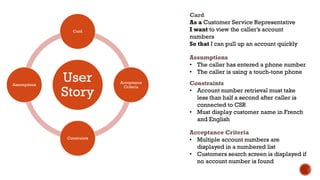 User
Story
Card
Acceptance
Criteria
Constraints
Assumptions
Card
As a Customer Service Representative
I want to view the caller’s account
numbers
So that I can pull up an account quickly
Assumptions
• The caller has entered a phone number
• The caller is using a touch-tone phone
Constraints
• Account number retrieval must take
less than half a second after caller is
connected to CSR
• Must display customer name in French
and English
Acceptance Criteria
• Multiple account numbers are
displayed in a numbered list
• Customers search screen is displayed if
no account number is found
 